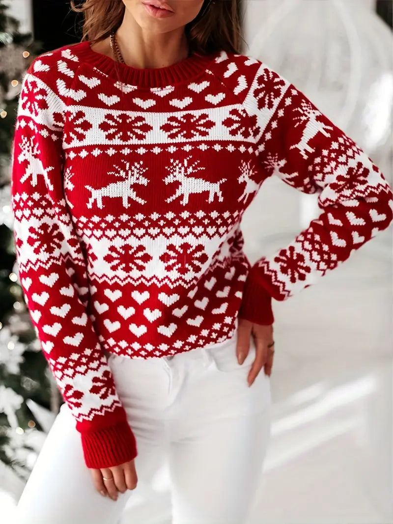 Alice - Pull de Noël femme en maille confortable à motif renne et flocons de neige