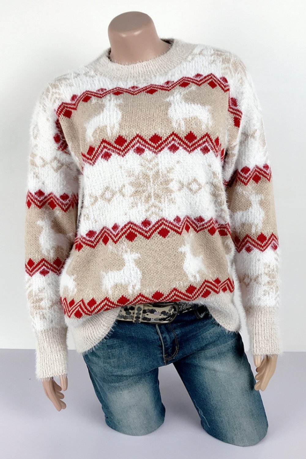 Clara - Pull de noël femme rayé à motif renne et flocons de neige en maille