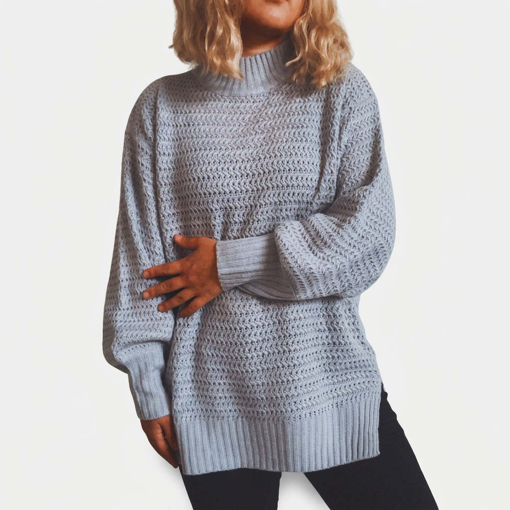 Clara - Pull femme col roulé en maille long et ample à manches longues