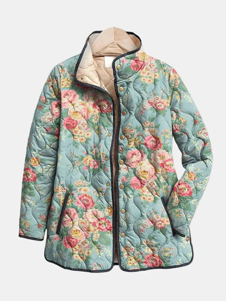 Clara - Veste femme matelassée mi saison à fleurs et doublée avec col montant