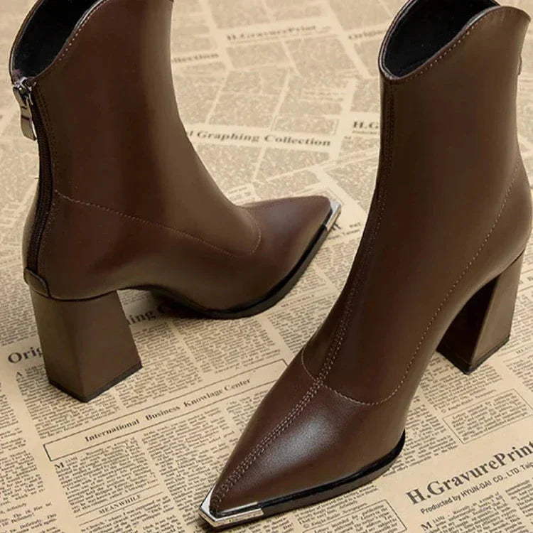 Inès - Bottines femme chic à talon épais et bout pointu avec zip à l'arrière