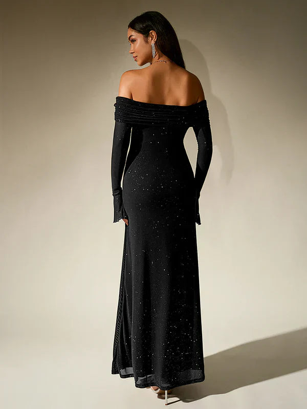 Ines - Robe de soirée femme longue à paillettes et épaules dénudées moulante