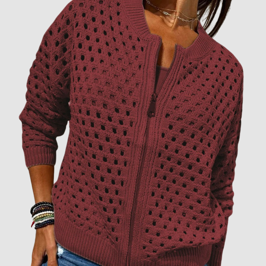 Jade - Cardigan femme en maille ajourée zippé oversize et décontracté