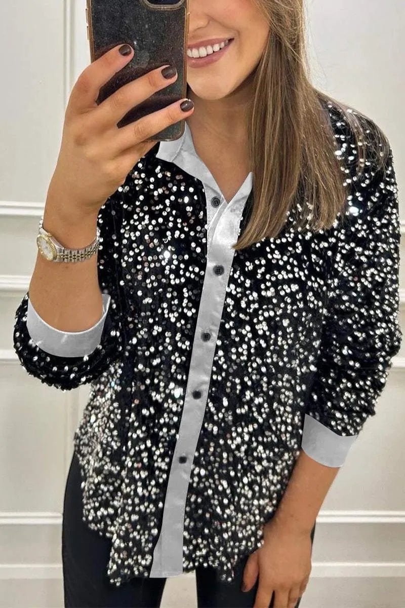 Jade - Top femme à paillettes et manches longues pour soirée et réveillon