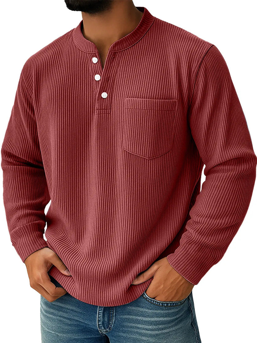 Jules - T-shirt homme manches longues col tunisien décontracté avec poche poitrine