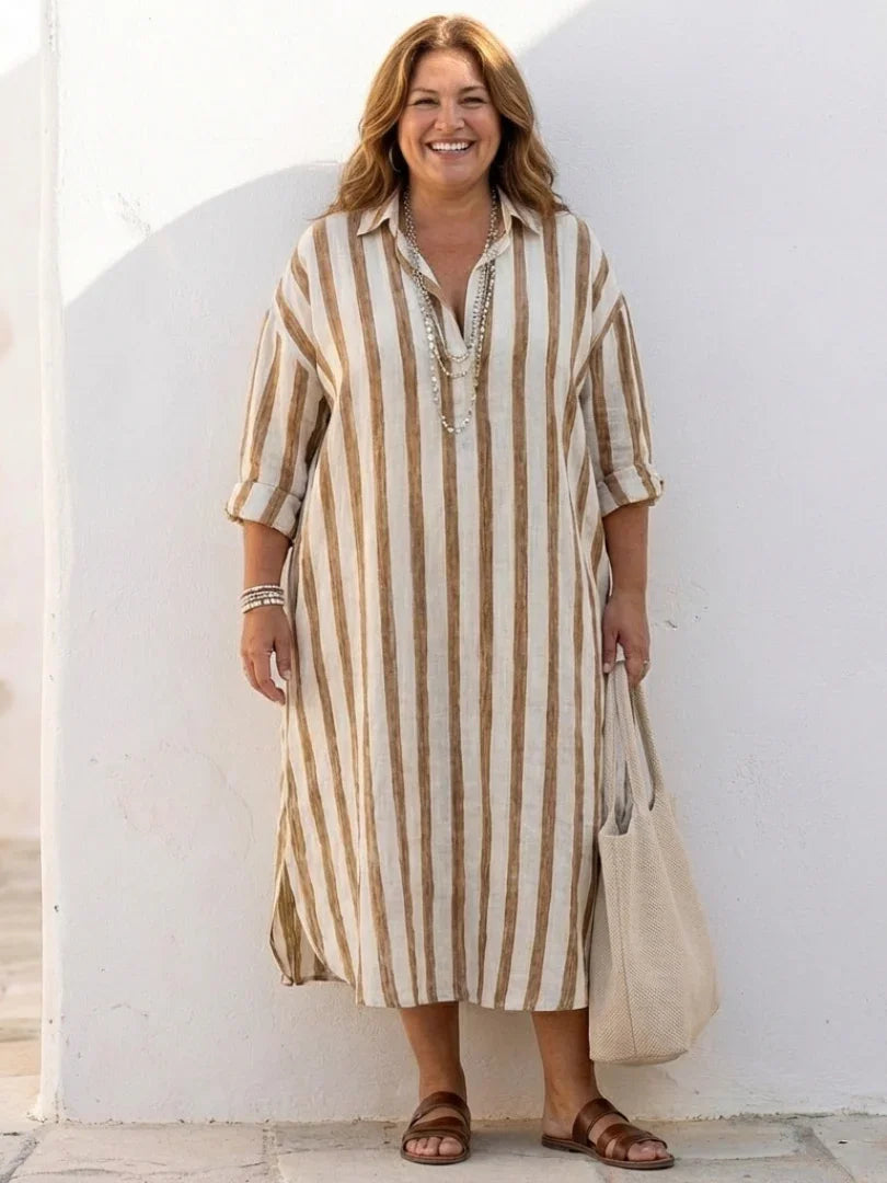 Juliette - Robe Maxi en Lin Femme Vintage avec Col Chemise et Manches 3/4
