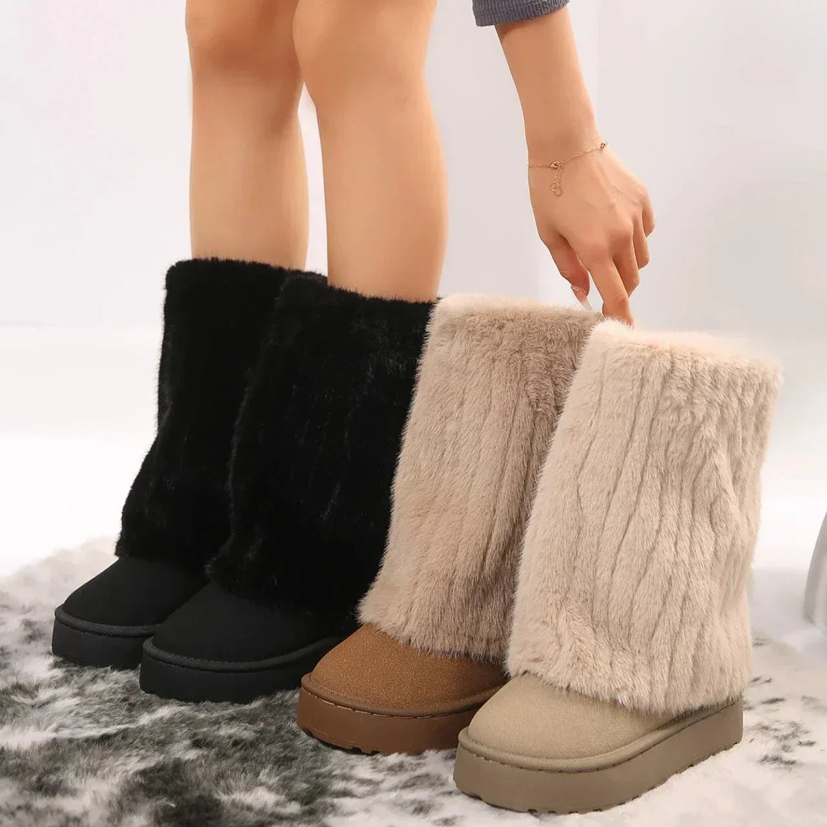 Léa - Bottes de neige femme plates doublées et chaudes à revers en maille
