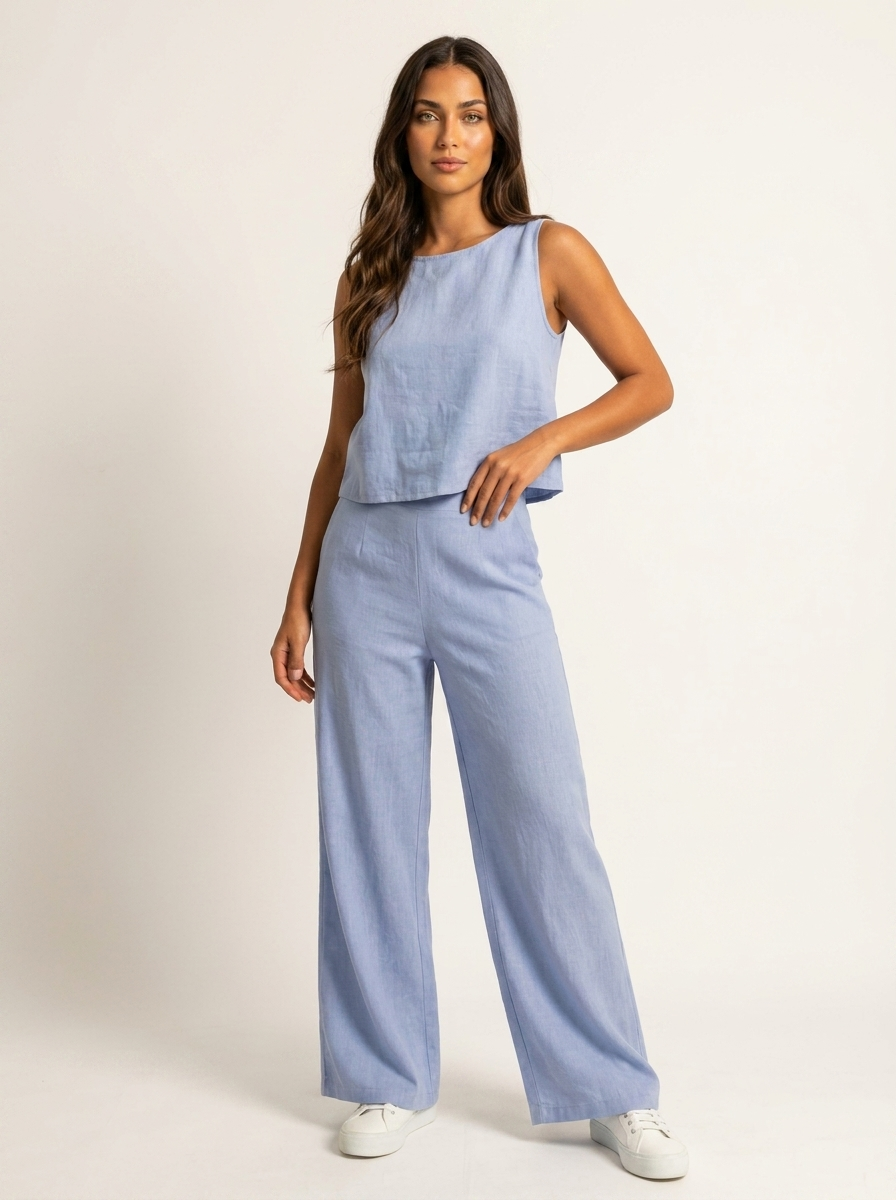 Léa - Ensemble en Lin Femme Moderne avec Top Sans Manches et Pantalon Large Palazzo