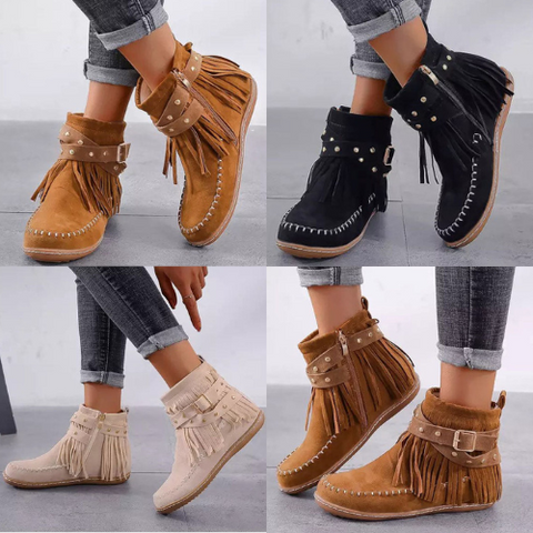Manon - Bottines Femme Orthopédiques Style Western pour l'Automne avec Franges