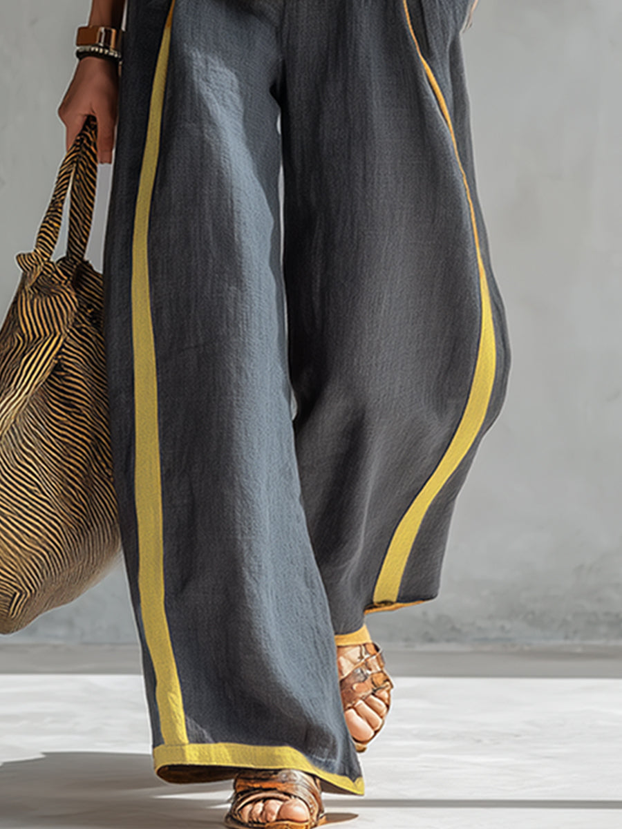 Manon - Ensemble en Lin Femme Tendance avec Liserés Contrastants et Pantalon Large