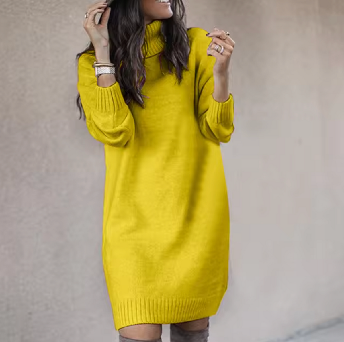 Manon - Robe pull femme col roulé en maille à manches longues et coupe ample