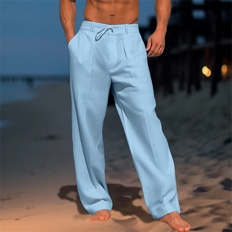 Romain - Pantalon en Lin Homme Habillé avec Pince et Cordon Style Classique