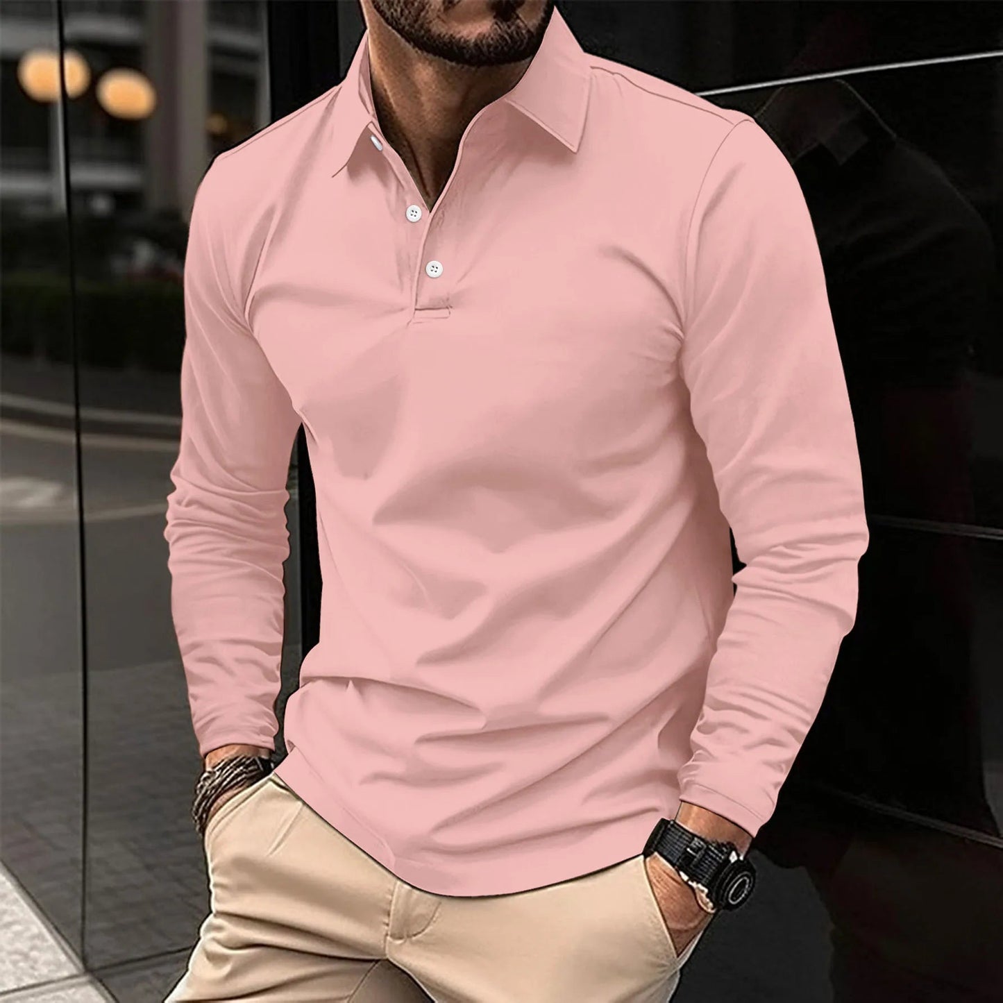 Romain - Polo Homme à Manches Longues avec Col Boutonné Ajusté