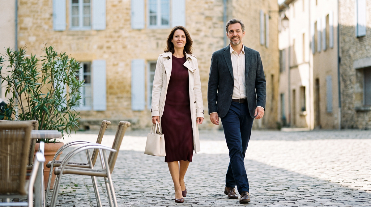 Couple marchant sur une place de village français en septembre