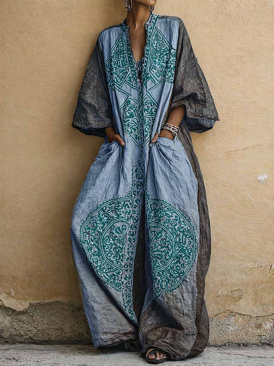 Élise - Combinaison en Lin Bohème Femme avec Broderies Mandala et Coupe Kaftan Maxi