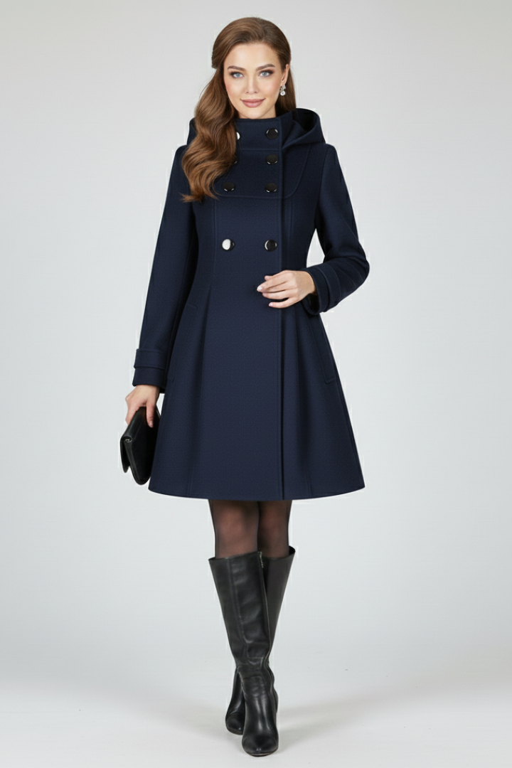 Élise - Manteau femme hiver long et chaud à capuche croisé et chic