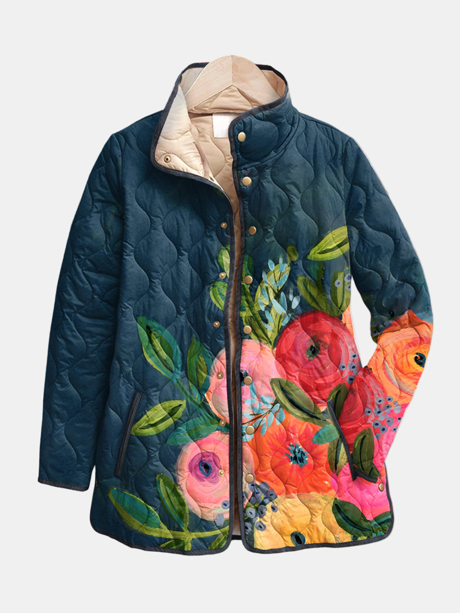 Élise - Veste femme matelassée légère à grandes fleurs et doublée à col montant