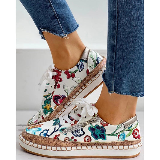 Adèle - Baskets Confort Femme Bohème avec Broderies Florales et Fermeture Zippée