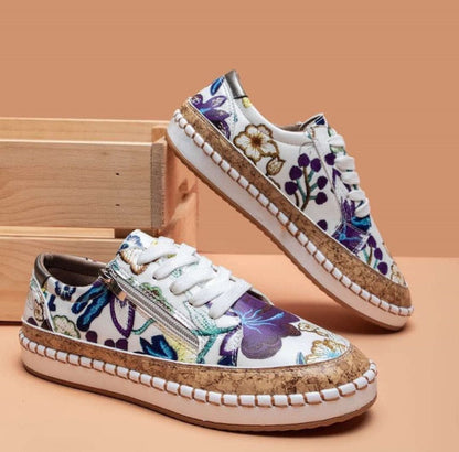 Adèle - Baskets Confort Femme Bohème avec Broderies Florales et Fermeture Zippée
