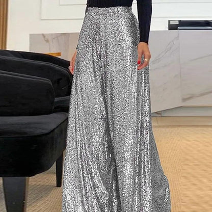 Alice - Pantalon large femme à paillettes taille haute et fluide pour soirée