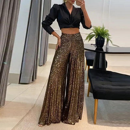Alice - Pantalon large femme à paillettes taille haute et fluide pour soirée