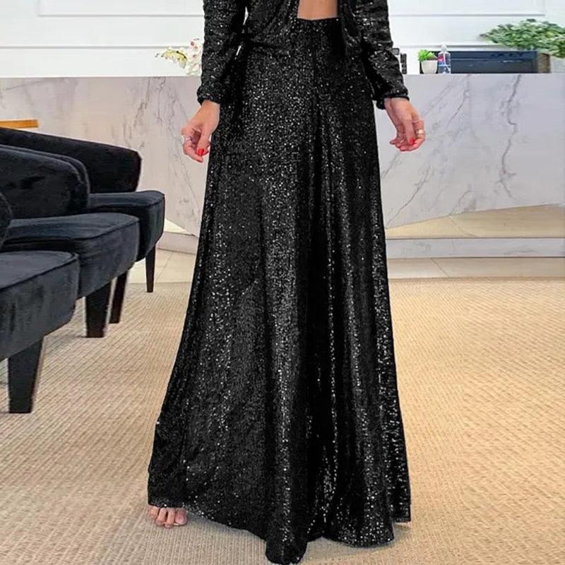 Alice - Pantalon large femme à paillettes taille haute et fluide pour soirée
