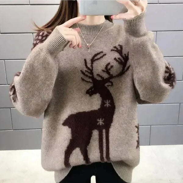 Alice - Pull de noël femme en maille douce à grand motif renne et coupe décontractée