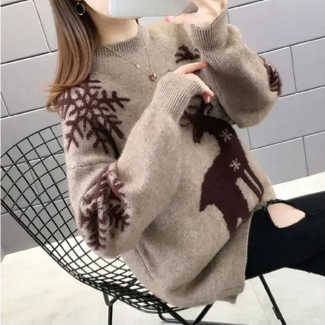 Alice - Pull de noël femme en maille douce à grand motif renne et coupe décontractée