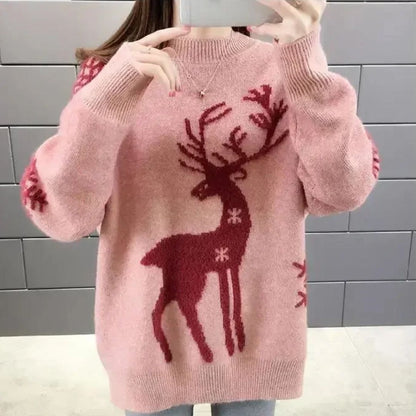 Alice - Pull de noël femme en maille douce à grand motif renne et coupe décontractée