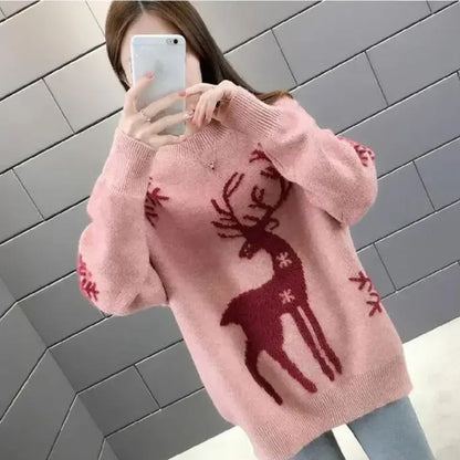 Alice - Pull de noël femme en maille douce à grand motif renne et coupe décontractée