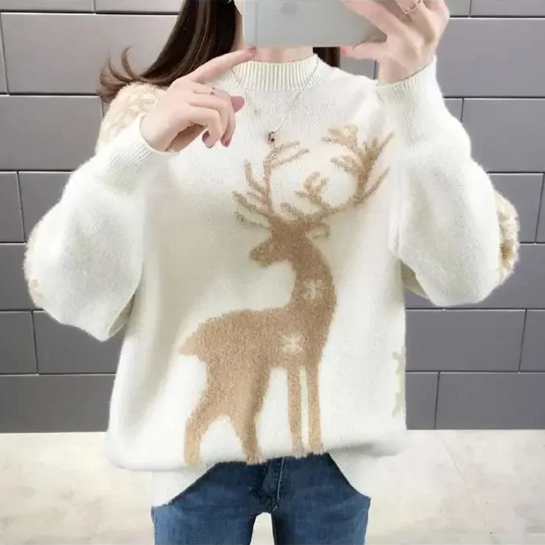 Alice - Pull de noël femme en maille douce à grand motif renne et coupe décontractée