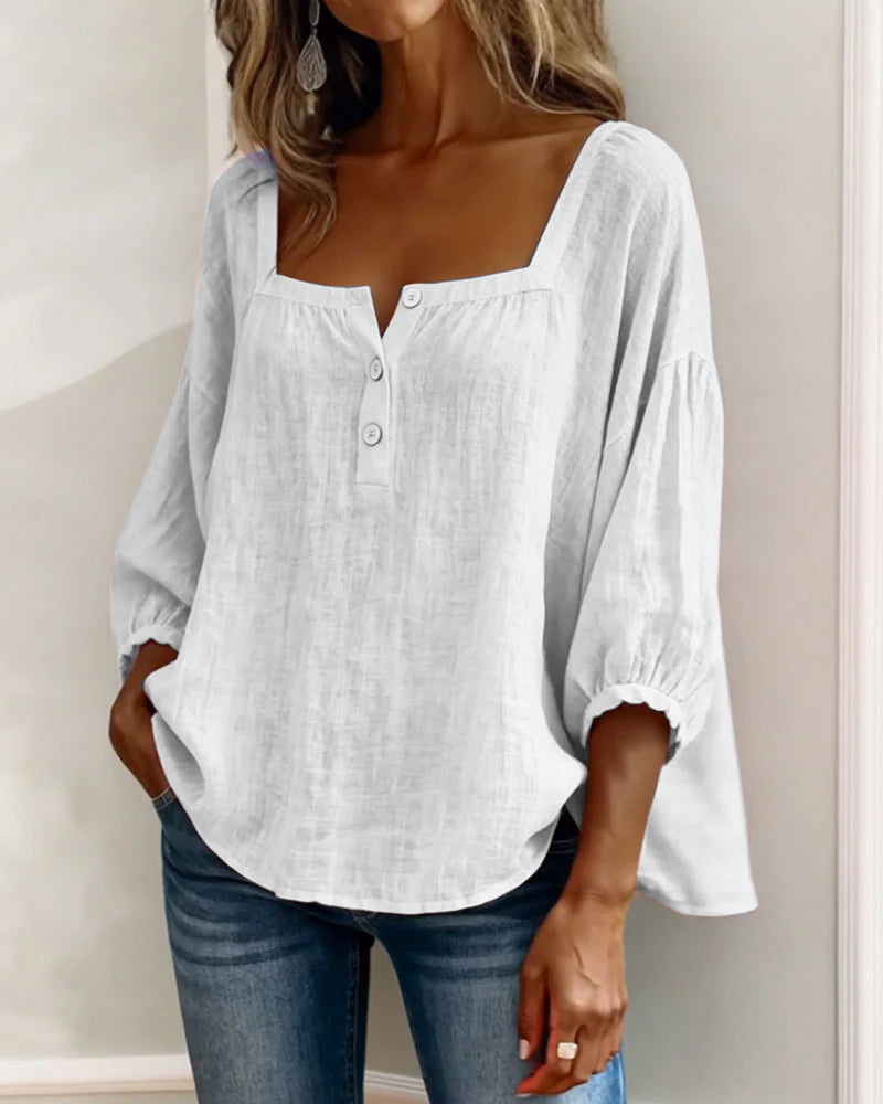 Amélie - Blouse en Lin Femme Romantique avec Col Carré et Manches Bouffantes