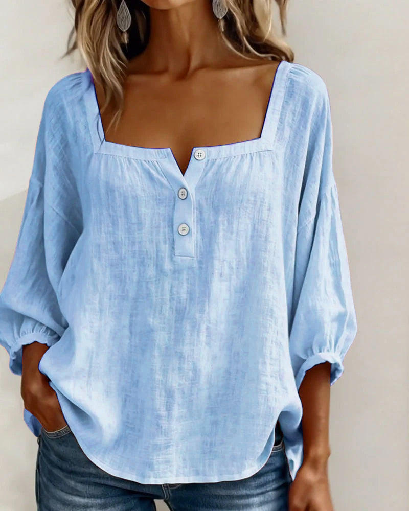 Amélie - Blouse en Lin Femme Romantique avec Col Carré et Manches Bouffantes