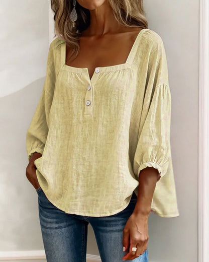 Amélie - Blouse en Lin Femme Romantique avec Col Carré et Manches Bouffantes
