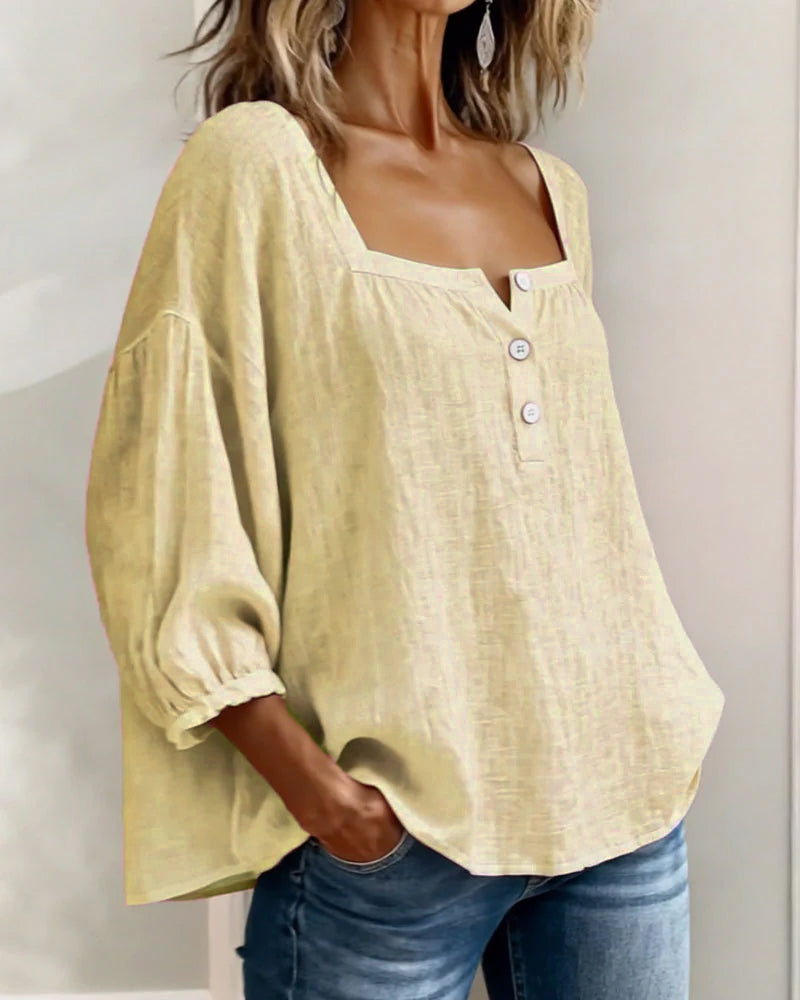 Amélie - Blouse en Lin Femme Romantique avec Col Carré et Manches Bouffantes