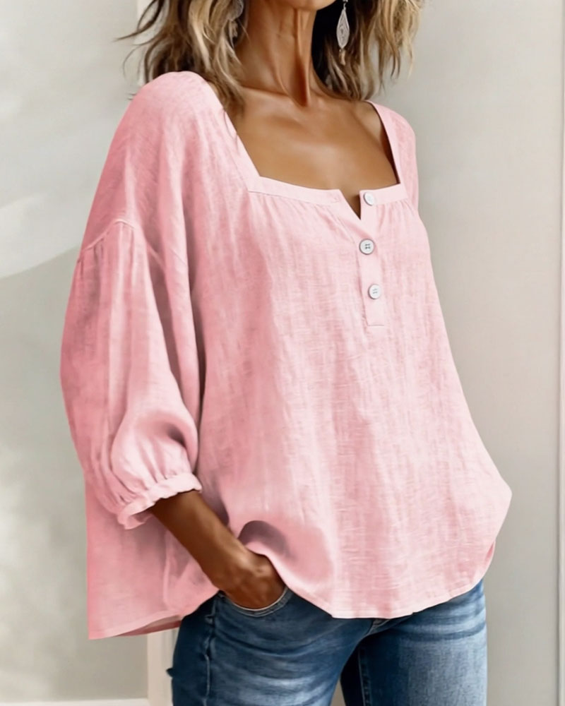 Amélie - Blouse en Lin Femme Romantique avec Col Carré et Manches Bouffantes