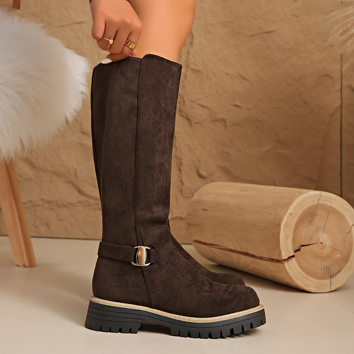 Amélie - Bottes Femme Automne Hautes avec Semelle Crantée et Tige Ajustée