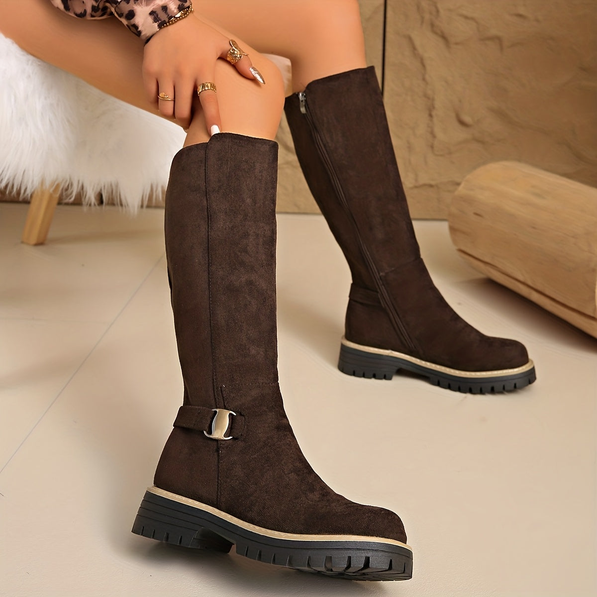 Amélie - Bottes Femme Automne Hautes avec Semelle Crantée et Tige Ajustée