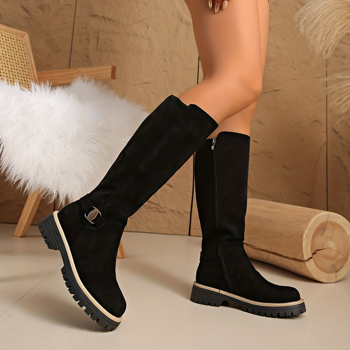 Amélie - Bottes Femme Automne Hautes avec Semelle Crantée et Tige Ajustée