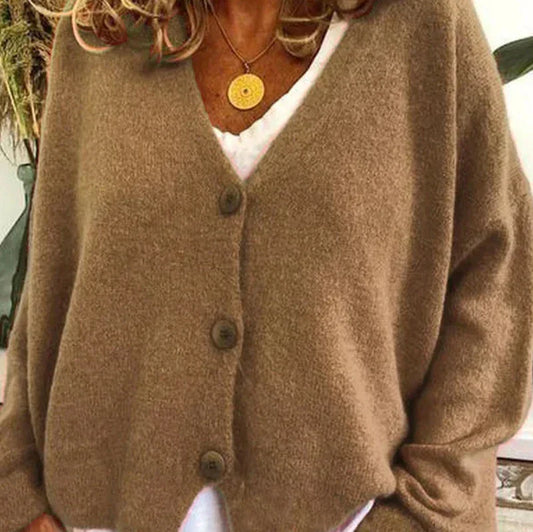 Amélie - Cardigan Femme en Maille à Col en V et Boutons Boisés