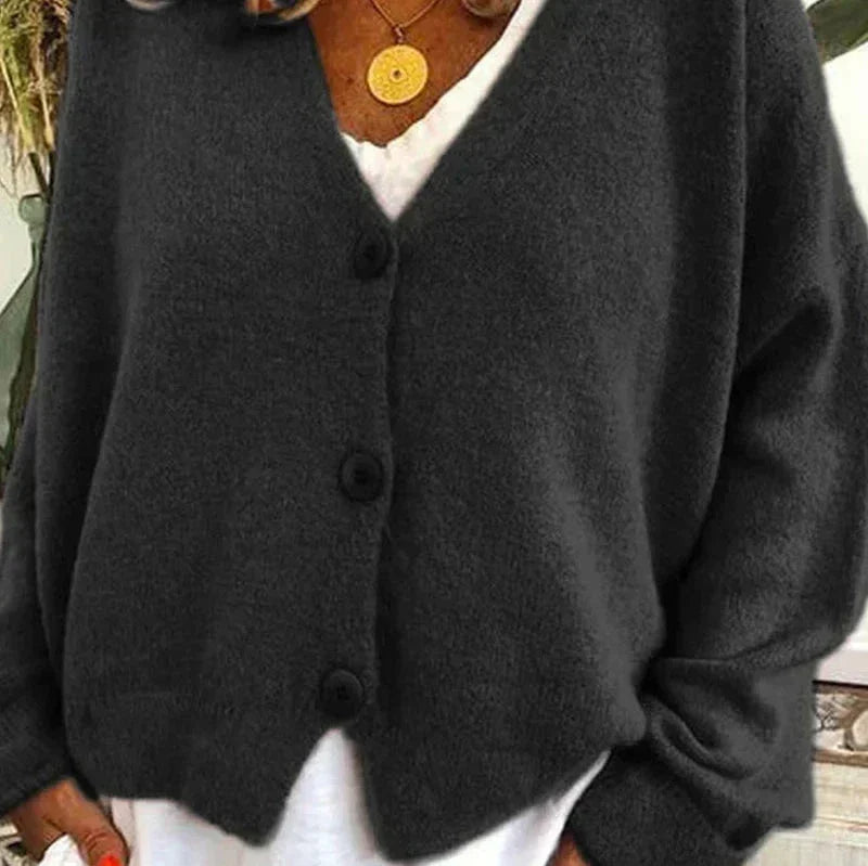 Amélie - Cardigan Femme en Maille à Col en V et Boutons Boisés
