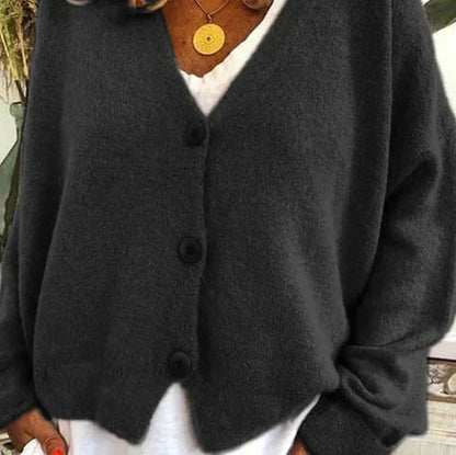 Amélie - Cardigan Femme en Maille à Col en V et Boutons Boisés