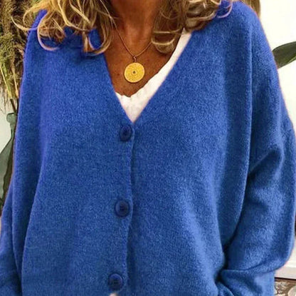 Amélie - Cardigan Femme en Maille à Col en V et Boutons Boisés