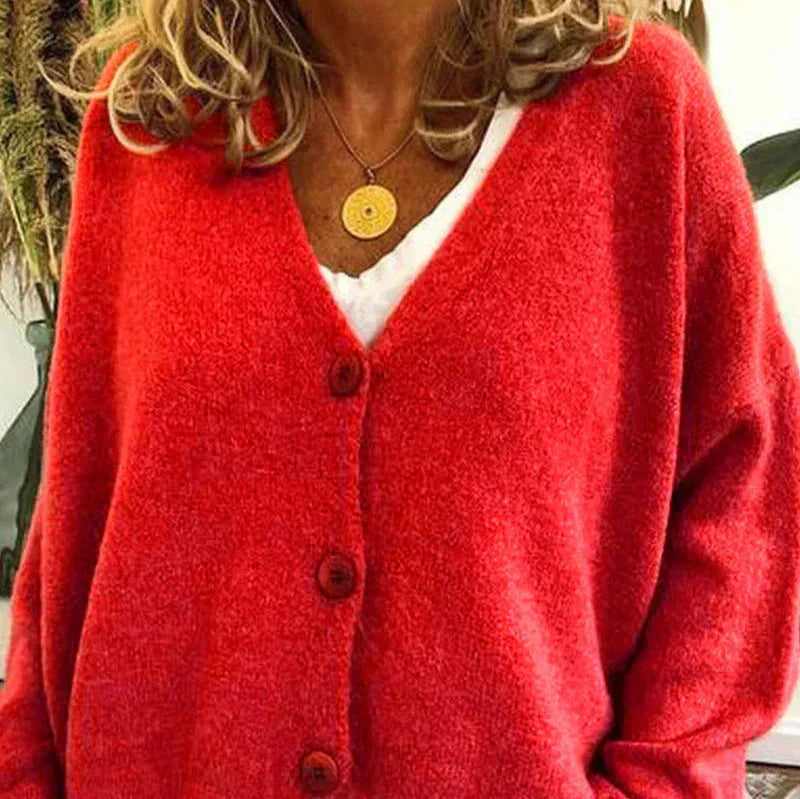 Amélie - Cardigan Femme en Maille à Col en V et Boutons Boisés