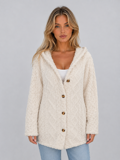 Amélie - Gilet Femme Long en Maille Torsadée avec Capuche et Boutons