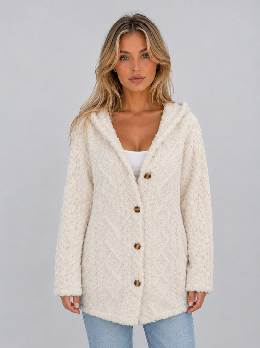 Amélie - Gilet Femme Long en Maille Torsadée avec Capuche et Boutons