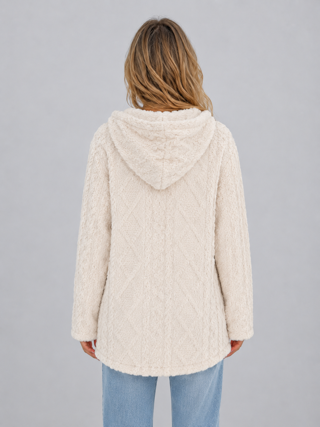 Amélie - Gilet Femme Long en Maille Torsadée avec Capuche et Boutons