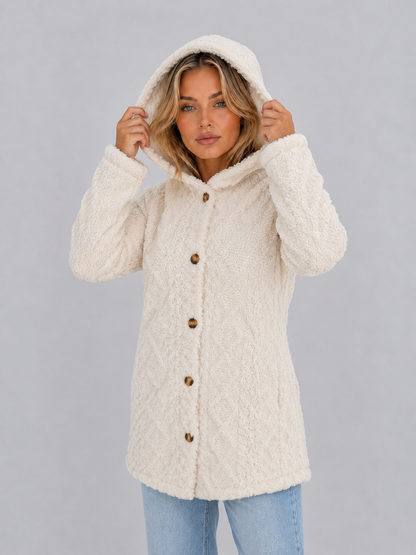Amélie - Gilet Femme Long en Maille Torsadée avec Capuche et Boutons