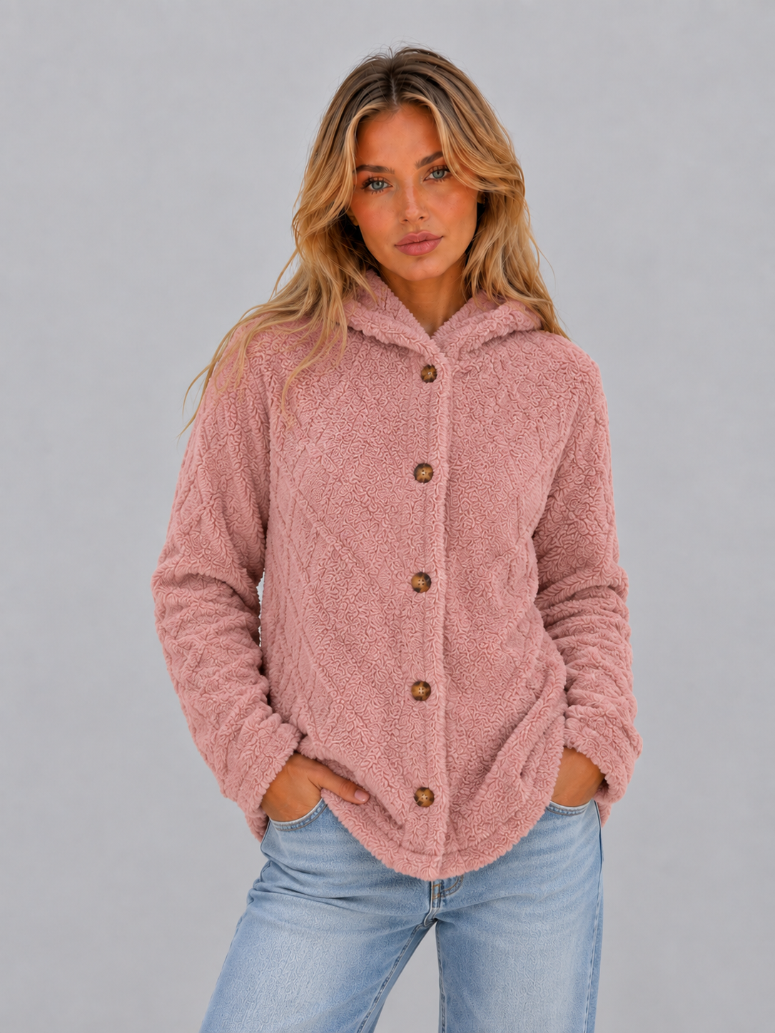 Amélie - Gilet Femme Long en Maille Torsadée avec Capuche et Boutons
