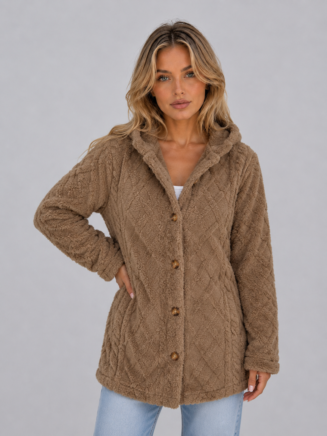 Amélie - Gilet Femme Long en Maille Torsadée avec Capuche et Boutons